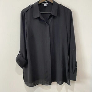 DKNY M Sheer Checkered Flowy Black Blouse with Collar Androgynous Sporty